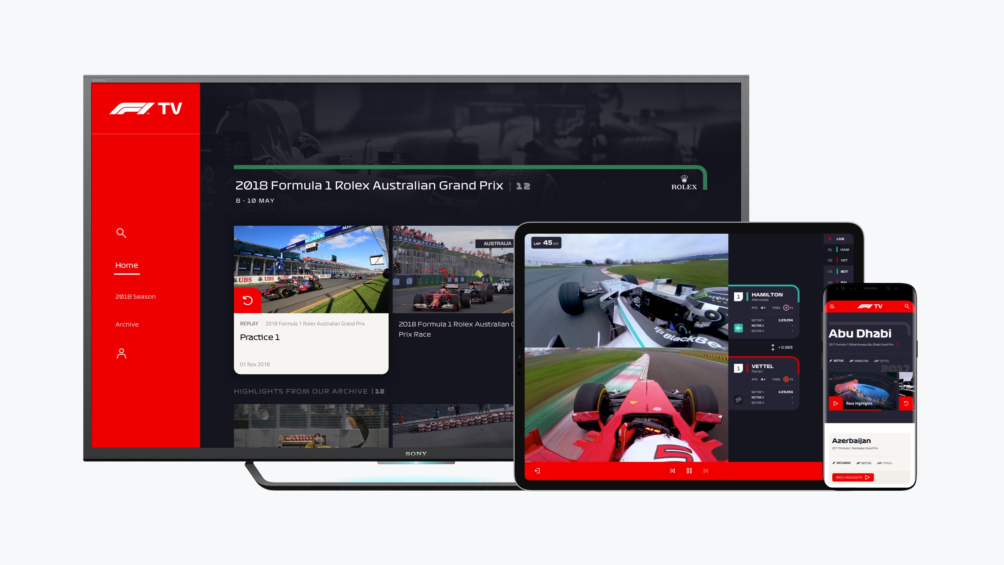 Image of desktop monitor, and mobile showing the F1TV app